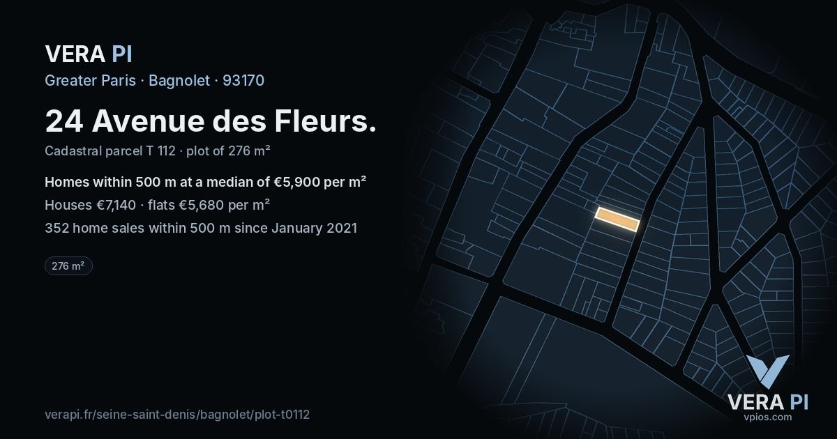 24 Avenue des Fleurs, Bagnolet at night – the plot lit, the parcels around coloured by the prices near them