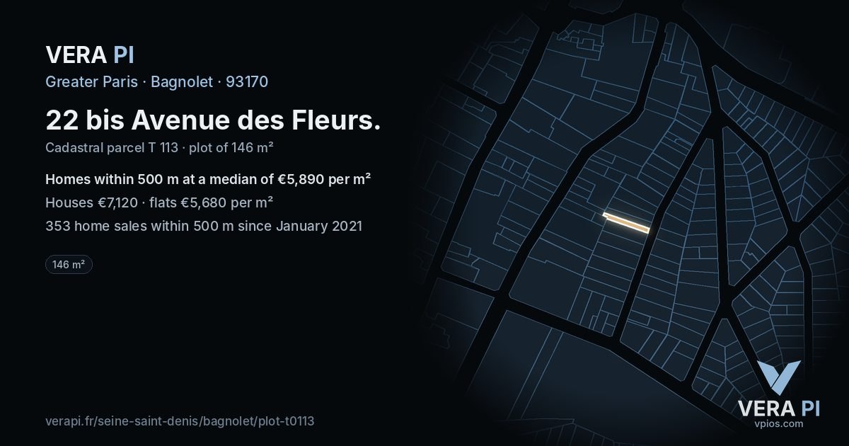 22 bis Avenue des Fleurs, Bagnolet at night – the plot lit, the parcels around coloured by the prices near them