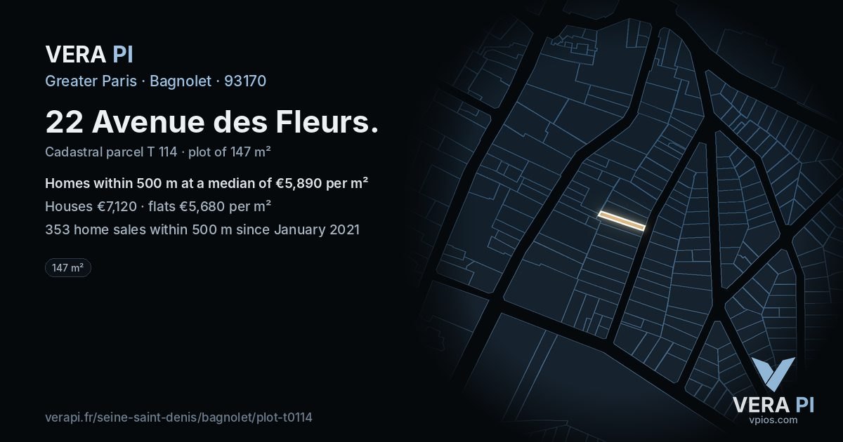 22 Avenue des Fleurs, Bagnolet at night – the plot lit, the parcels around coloured by the prices near them