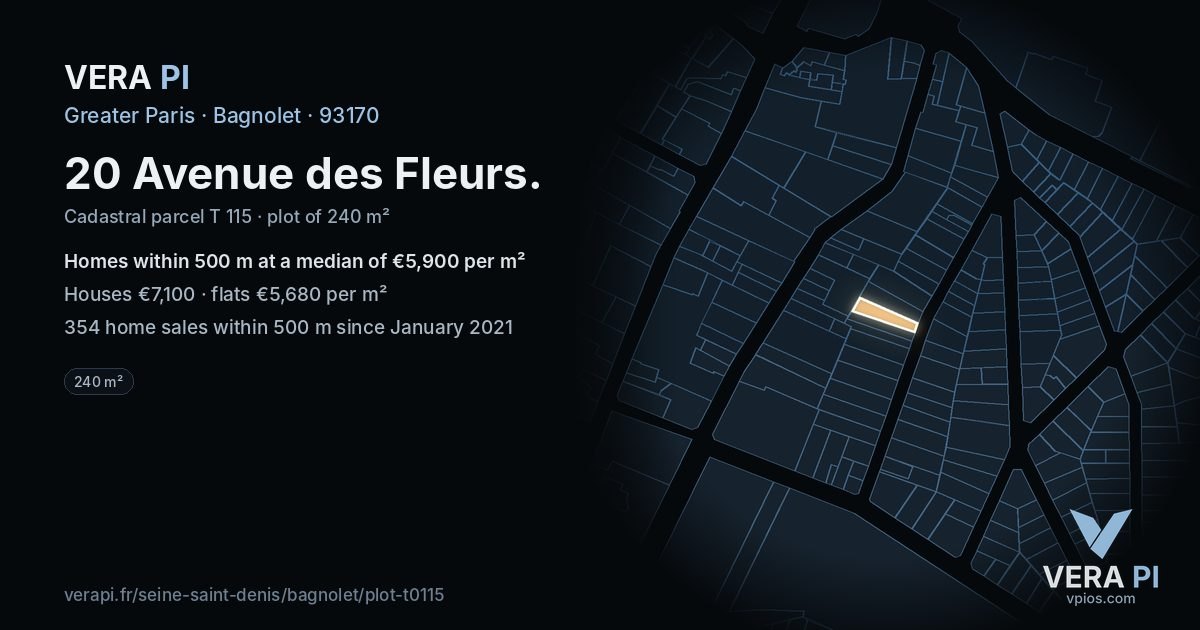 20 Avenue des Fleurs, Bagnolet at night – the plot lit, the parcels around coloured by the prices near them