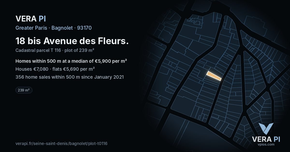 18 bis Avenue des Fleurs, Bagnolet at night – the plot lit, the parcels around coloured by the prices near them
