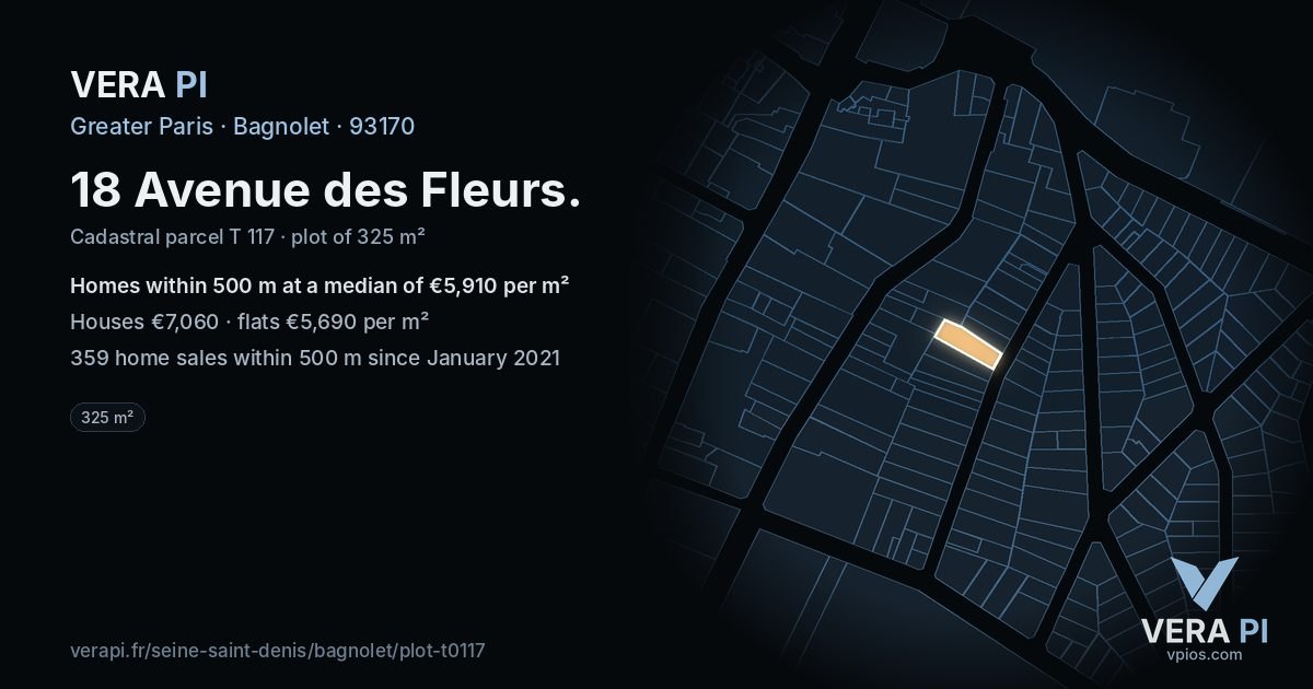 18 Avenue des Fleurs, Bagnolet at night – the plot lit, the parcels around coloured by the prices near them