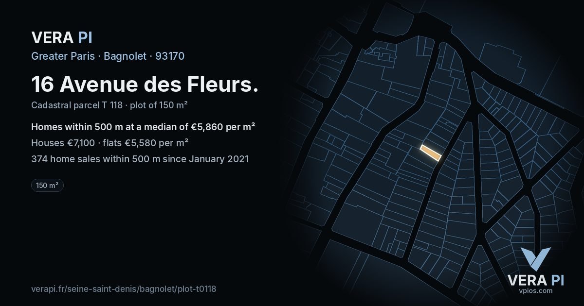 16 Avenue des Fleurs, Bagnolet at night – the plot lit, the parcels around coloured by the prices near them