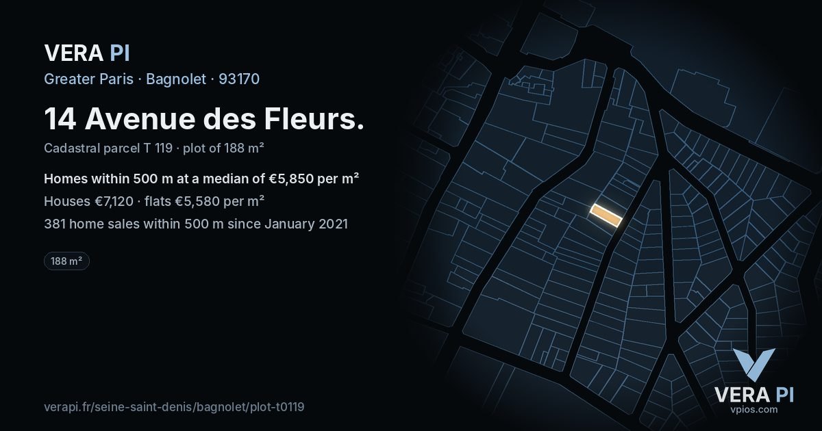 14 Avenue des Fleurs, Bagnolet at night – the plot lit, the parcels around coloured by the prices near them