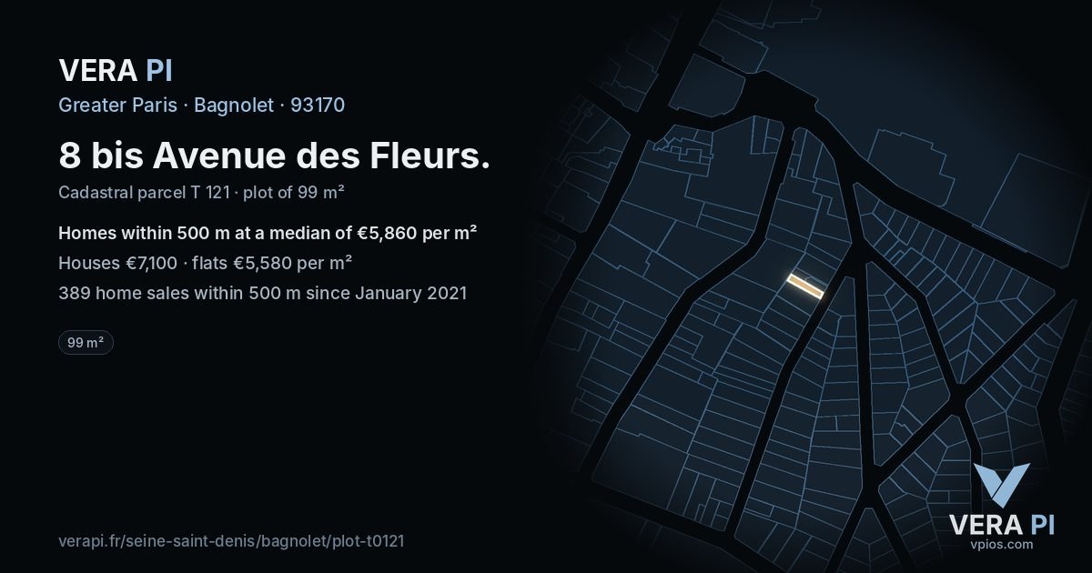 8 bis Avenue des Fleurs, Bagnolet at night – the plot lit, the parcels around coloured by the prices near them