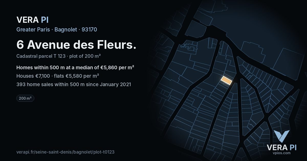 6 Avenue des Fleurs, Bagnolet at night – the plot lit, the parcels around coloured by the prices near them