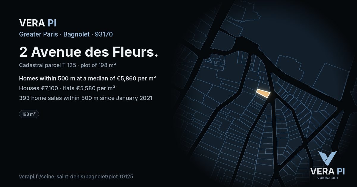 2 Avenue des Fleurs, Bagnolet at night – the plot lit, the parcels around coloured by the prices near them