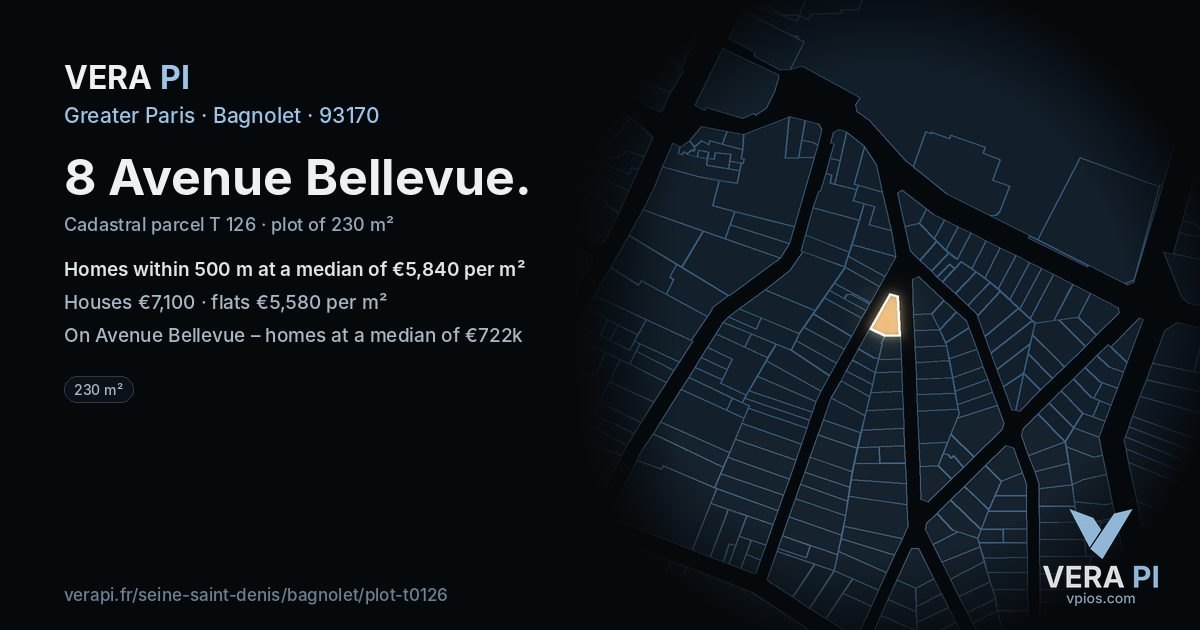 8 Avenue Bellevue, Bagnolet at night – the plot lit, the parcels around coloured by the prices near them