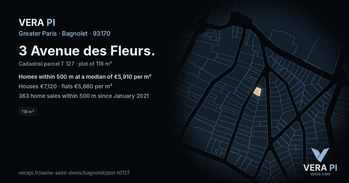 3 Avenue des Fleurs, Bagnolet at night – the plot lit, the parcels around coloured by the prices near them