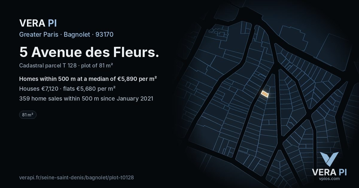 5 Avenue des Fleurs, Bagnolet at night – the plot lit, the parcels around coloured by the prices near them