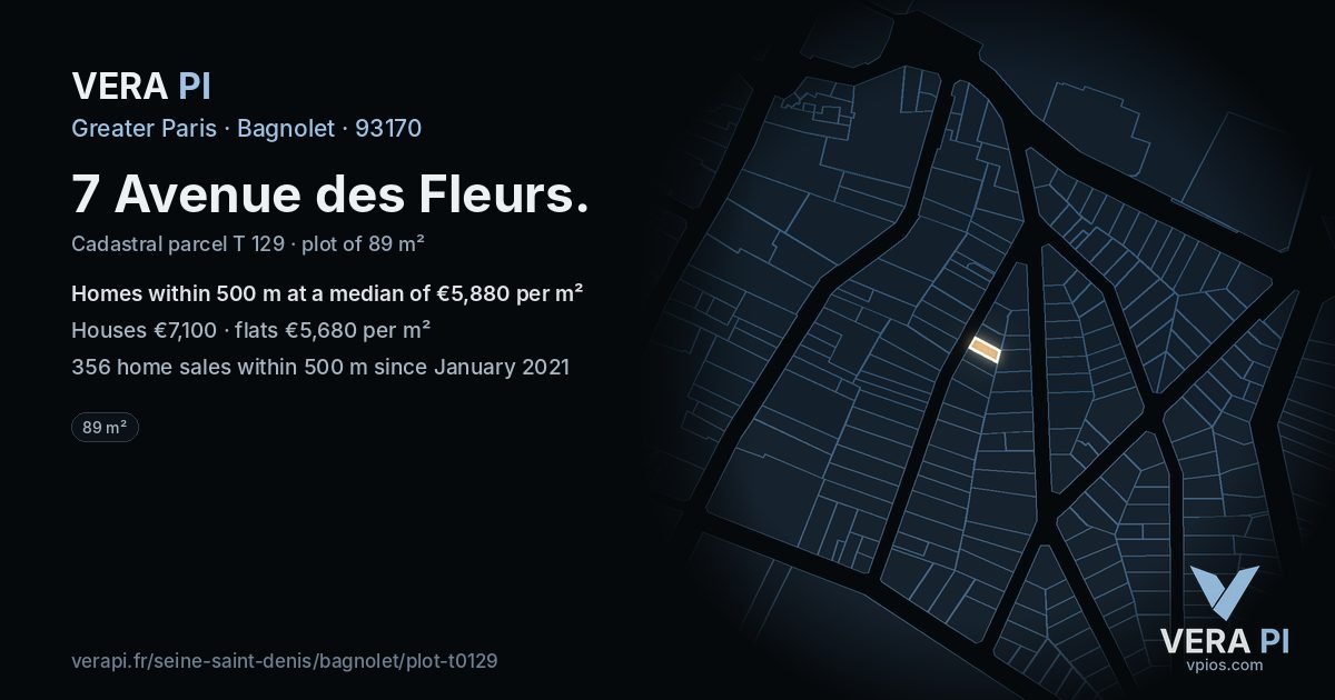 7 Avenue des Fleurs, Bagnolet at night – the plot lit, the parcels around coloured by the prices near them