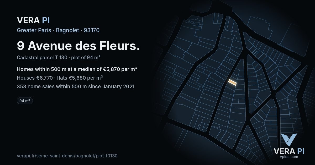9 Avenue des Fleurs, Bagnolet at night – the plot lit, the parcels around coloured by the prices near them