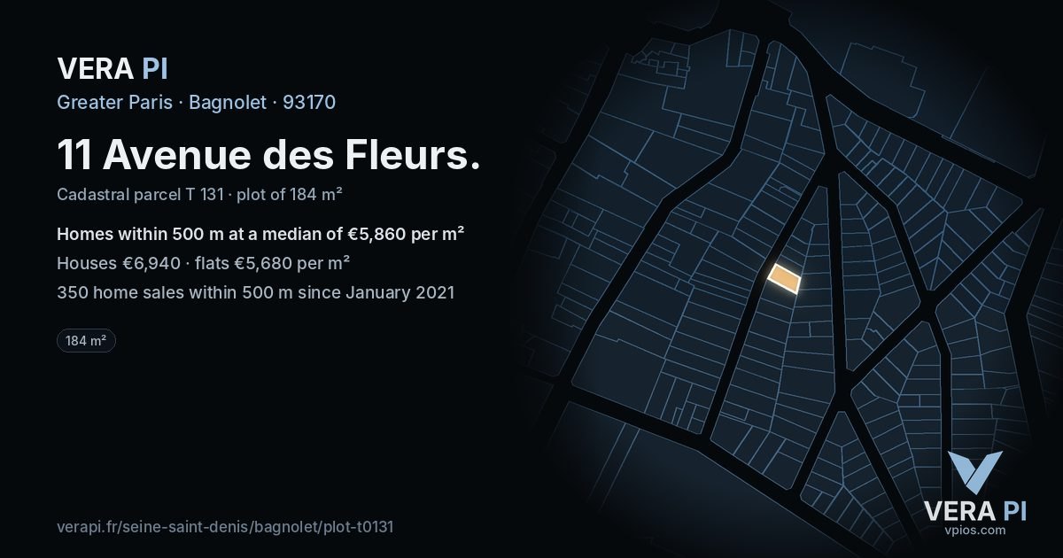 11 Avenue des Fleurs, Bagnolet at night – the plot lit, the parcels around coloured by the prices near them
