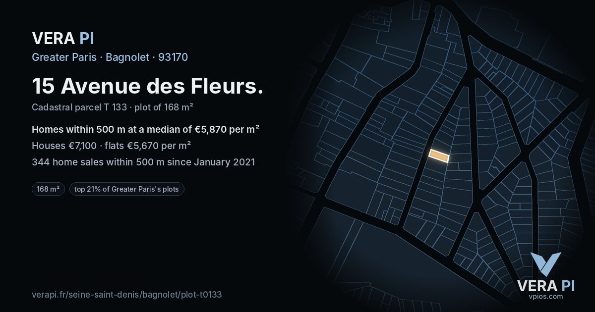 15 Avenue des Fleurs, Bagnolet at night – the plot lit, the parcels around coloured by the prices near them