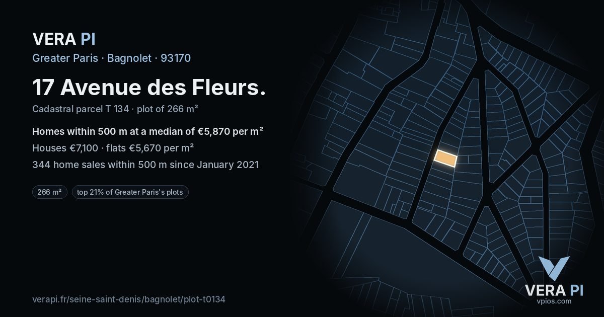 17 Avenue des Fleurs, Bagnolet at night – the plot lit, the parcels around coloured by the prices near them