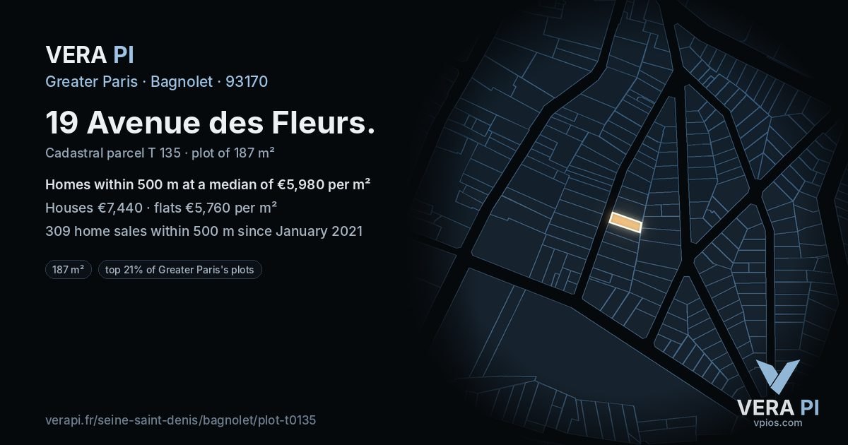 19 Avenue des Fleurs, Bagnolet at night – the plot lit, the parcels around coloured by the prices near them