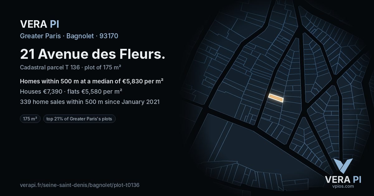 21 Avenue des Fleurs, Bagnolet at night – the plot lit, the parcels around coloured by the prices near them