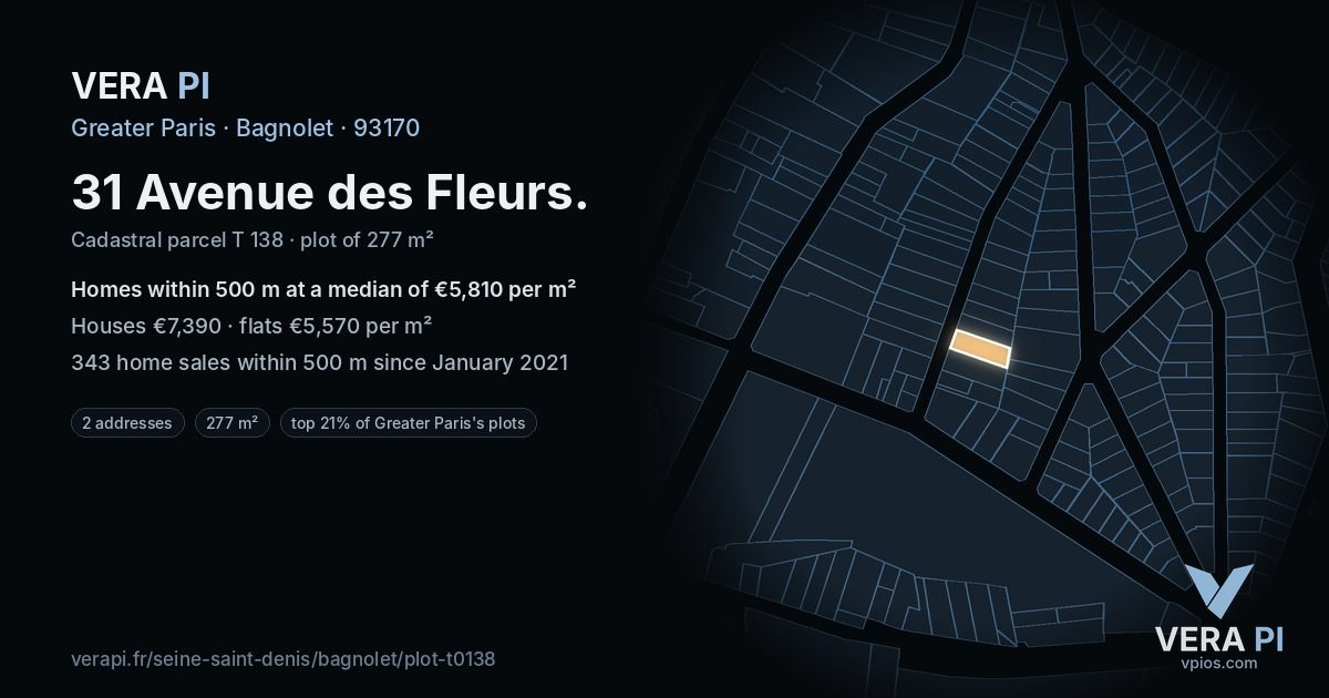 31 Avenue des Fleurs, Bagnolet at night – the plot lit, the parcels around coloured by the prices near them