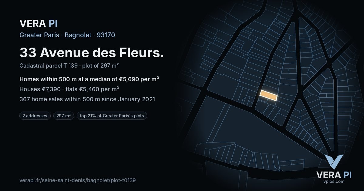 33 Avenue des Fleurs, Bagnolet at night – the plot lit, the parcels around coloured by the prices near them