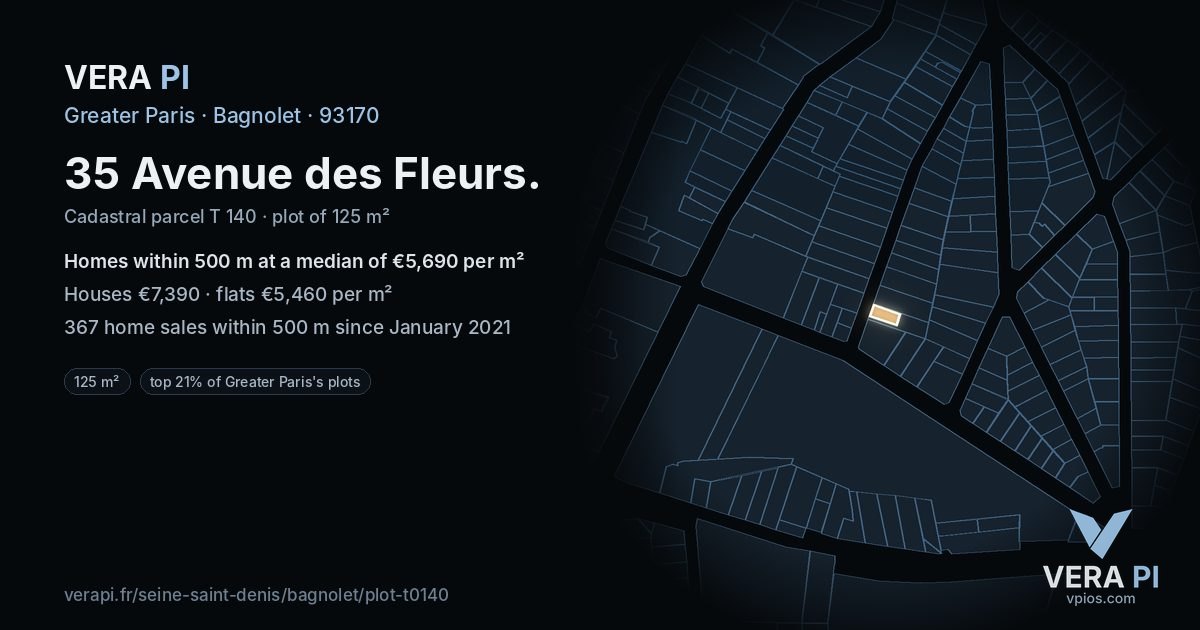 35 Avenue des Fleurs, Bagnolet at night – the plot lit, the parcels around coloured by the prices near them