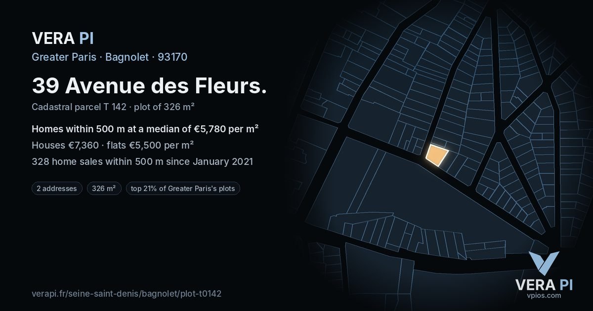 39 Avenue des Fleurs, Bagnolet at night – the plot lit, the parcels around coloured by the prices near them