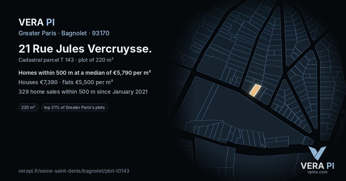 21 Rue Jules Vercruysse, Bagnolet at night – the plot lit, the parcels around coloured by the prices near them