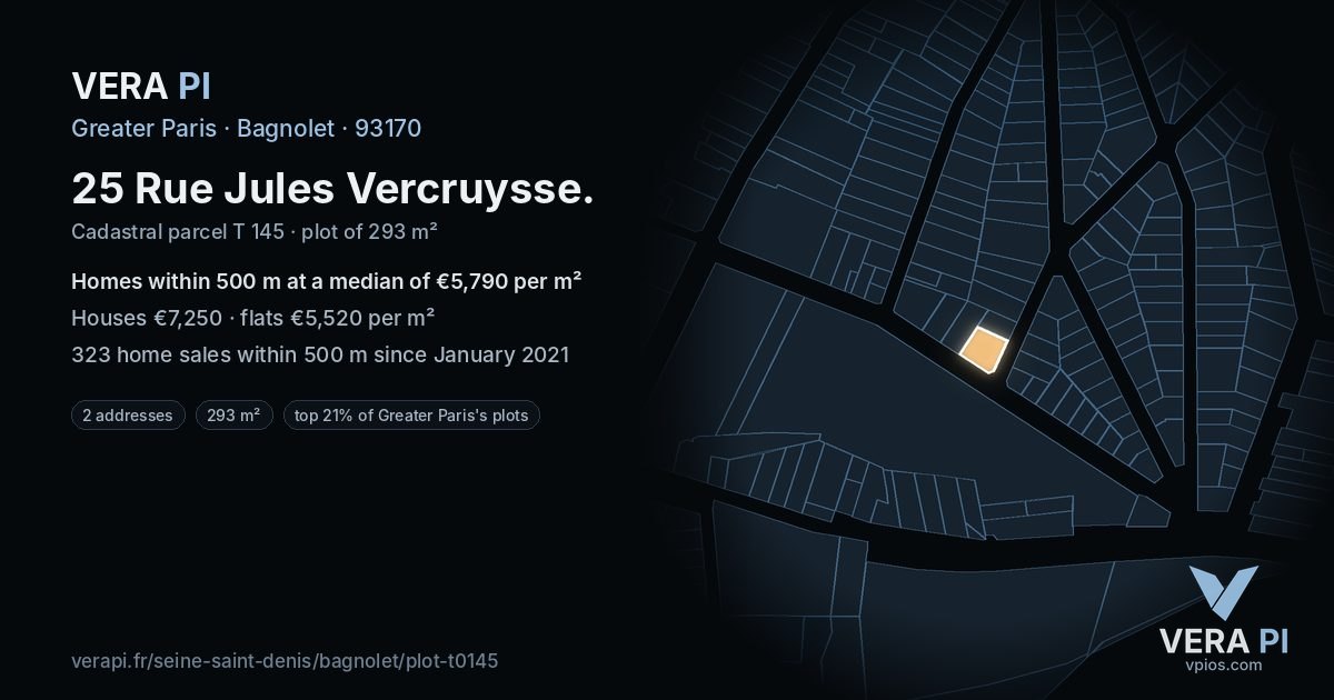 25 Rue Jules Vercruysse, Bagnolet at night – the plot lit, the parcels around coloured by the prices near them