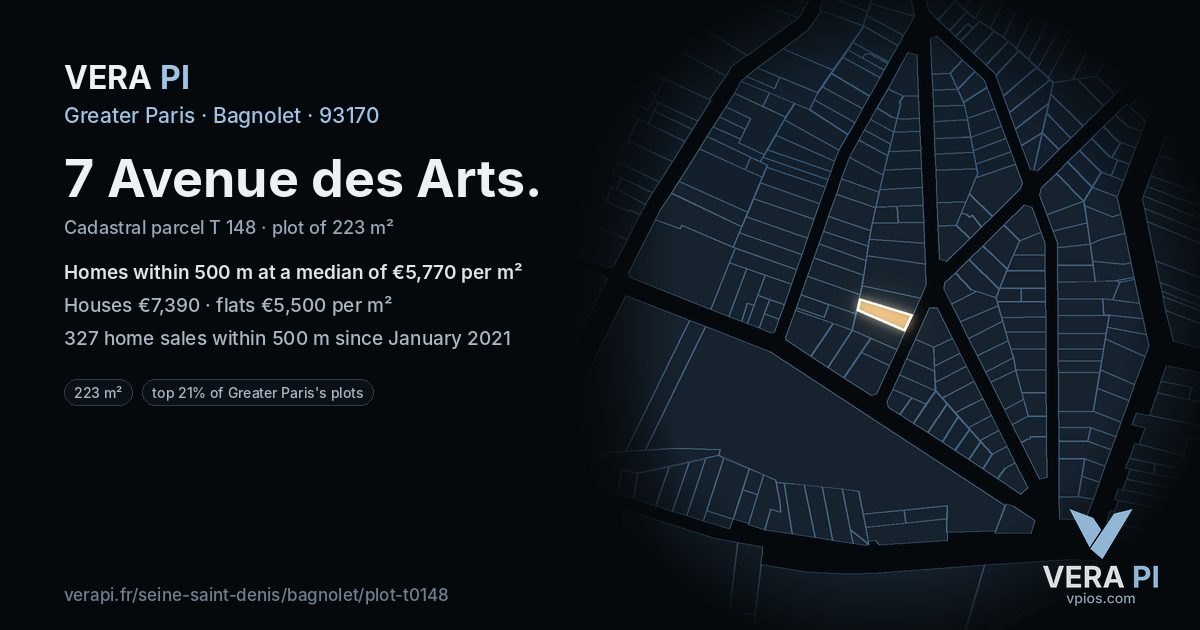 7 Avenue des Arts, Bagnolet at night – the plot lit, the parcels around coloured by the prices near them