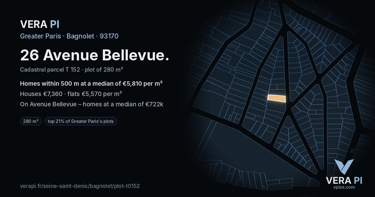 26 Avenue Bellevue, Bagnolet at night – the plot lit, the parcels around coloured by the prices near them
