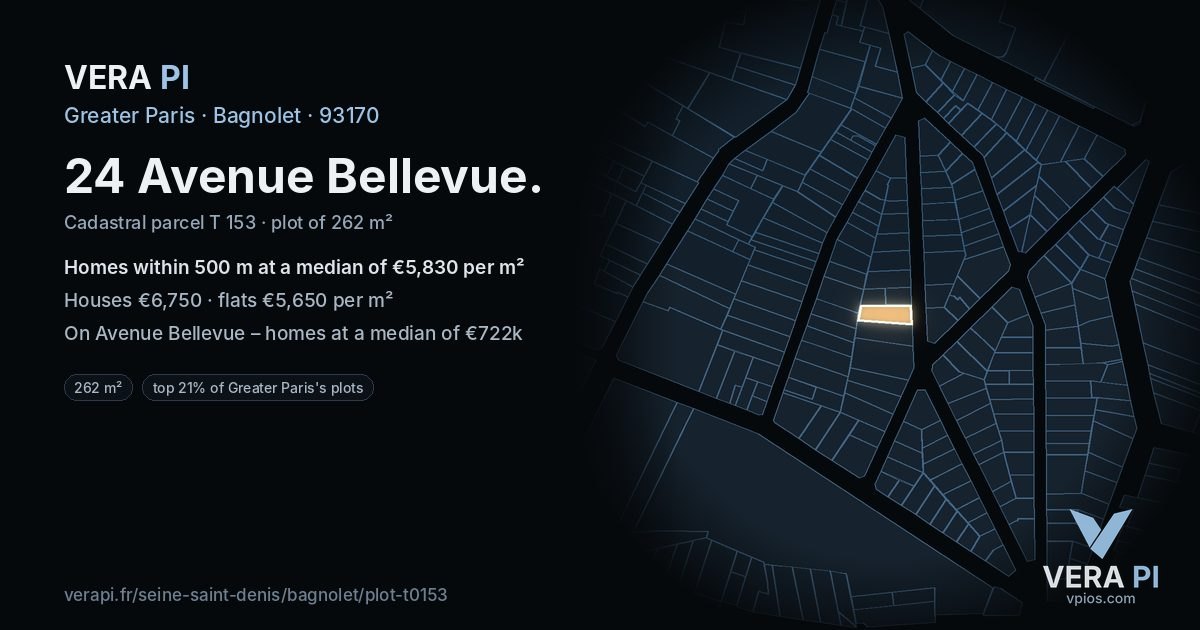24 Avenue Bellevue, Bagnolet at night – the plot lit, the parcels around coloured by the prices near them