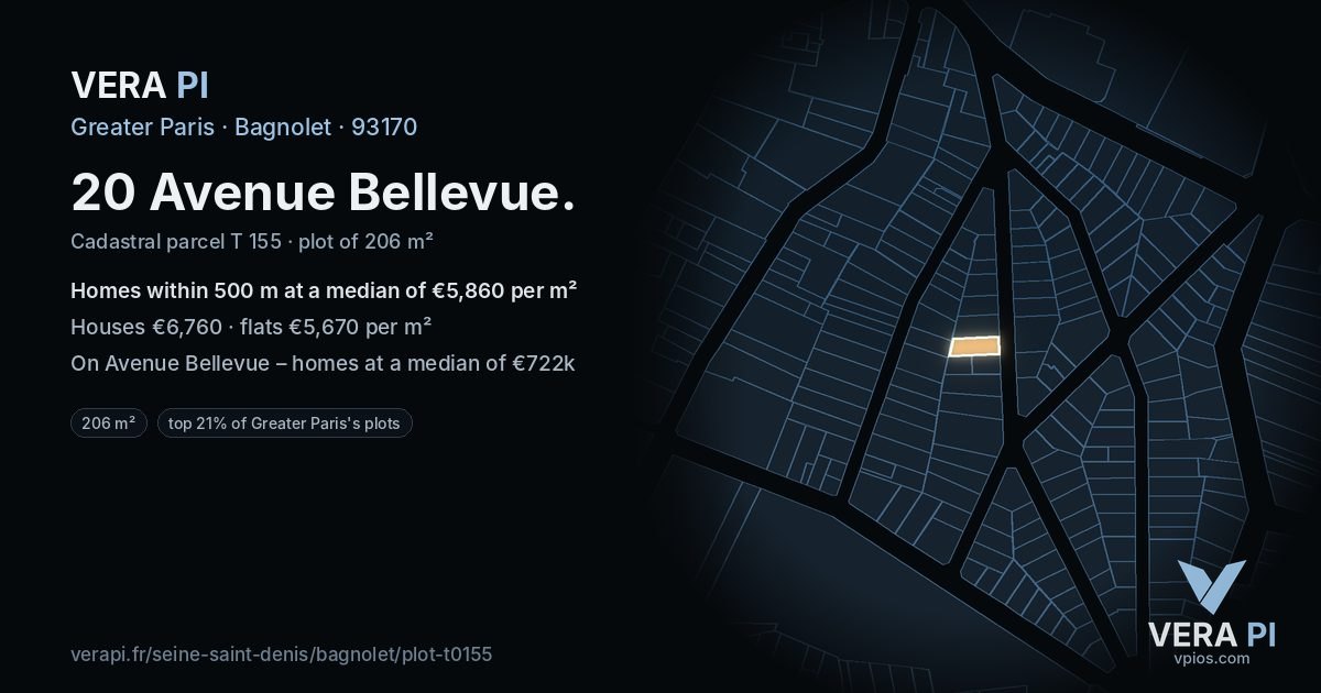 20 Avenue Bellevue, Bagnolet at night – the plot lit, the parcels around coloured by the prices near them