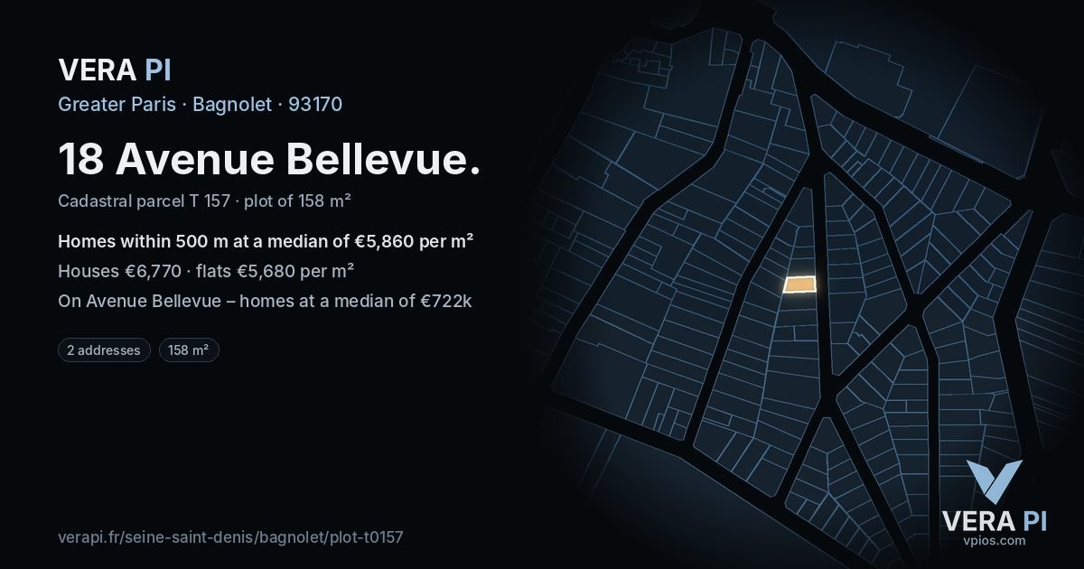 18 Avenue Bellevue, Bagnolet at night – the plot lit, the parcels around coloured by the prices near them
