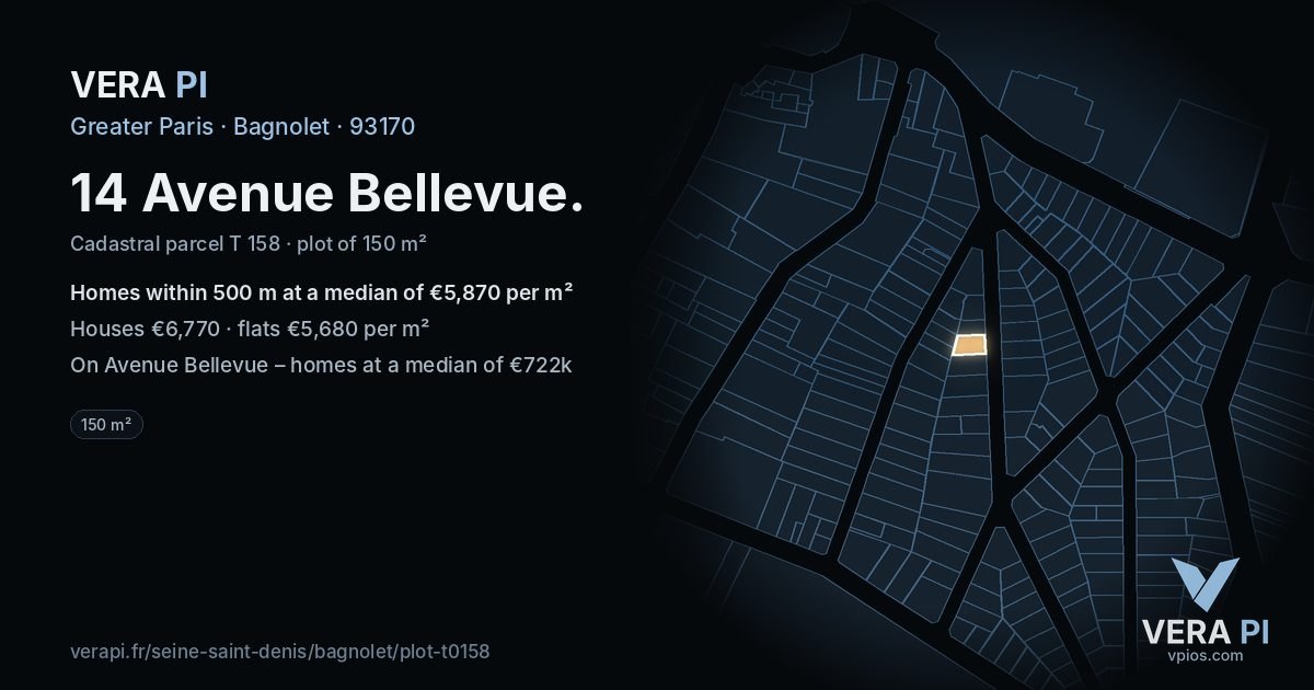 14 Avenue Bellevue, Bagnolet at night – the plot lit, the parcels around coloured by the prices near them