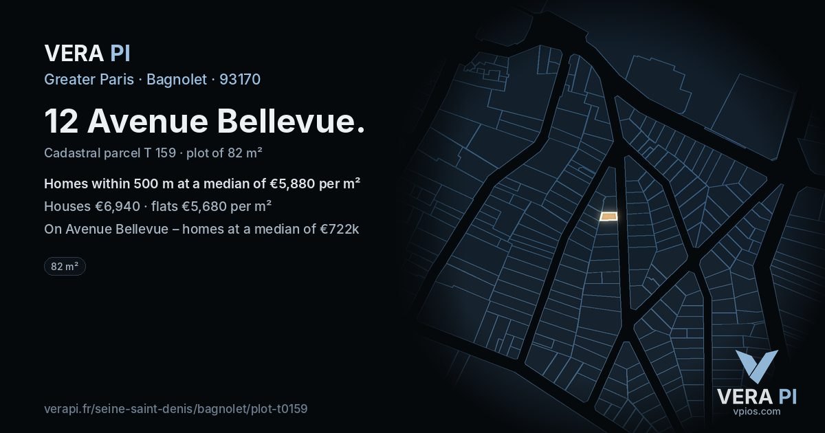 12 Avenue Bellevue, Bagnolet at night – the plot lit, the parcels around coloured by the prices near them