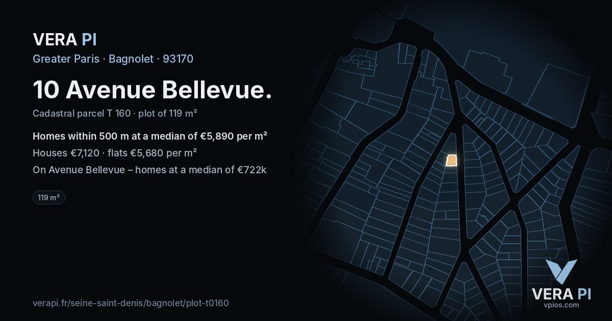 10 Avenue Bellevue, Bagnolet at night – the plot lit, the parcels around coloured by the prices near them