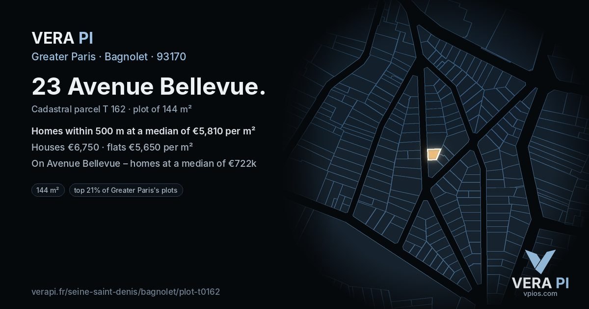 23 Avenue Bellevue, Bagnolet at night – the plot lit, the parcels around coloured by the prices near them