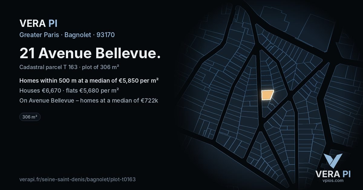 21 Avenue Bellevue, Bagnolet at night – the plot lit, the parcels around coloured by the prices near them