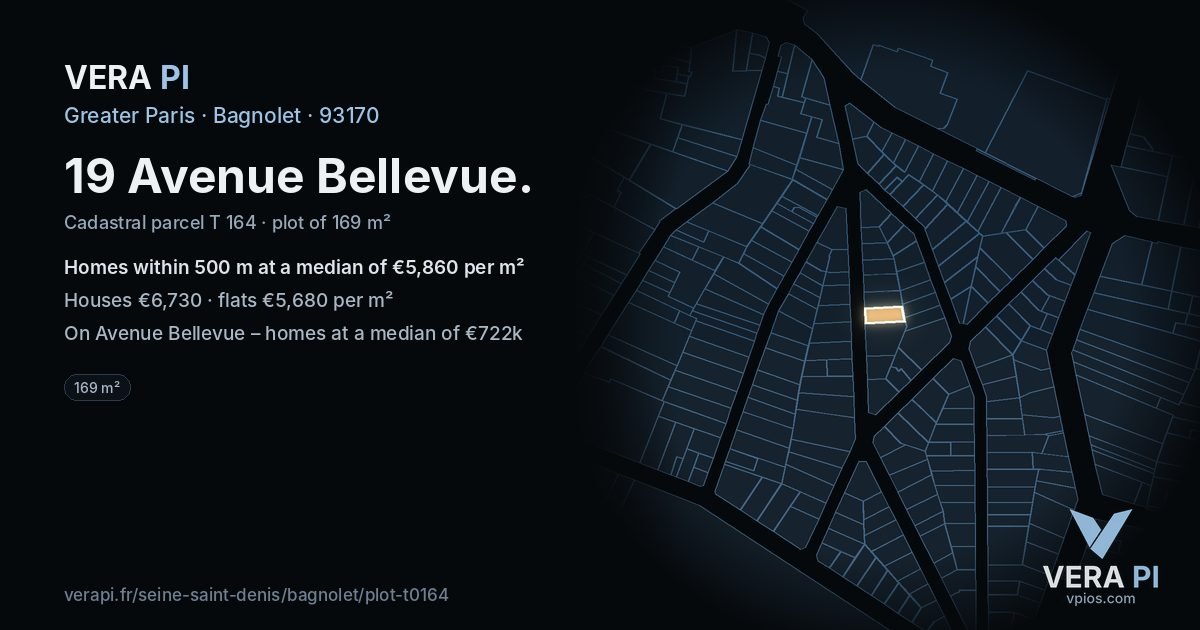 19 Avenue Bellevue, Bagnolet at night – the plot lit, the parcels around coloured by the prices near them