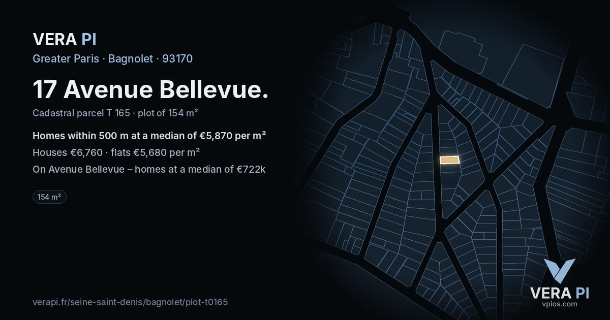 17 Avenue Bellevue, Bagnolet at night – the plot lit, the parcels around coloured by the prices near them