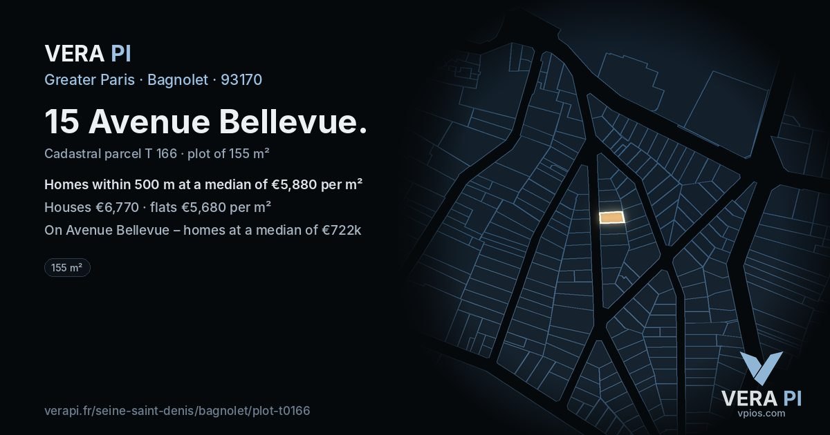15 Avenue Bellevue, Bagnolet at night – the plot lit, the parcels around coloured by the prices near them