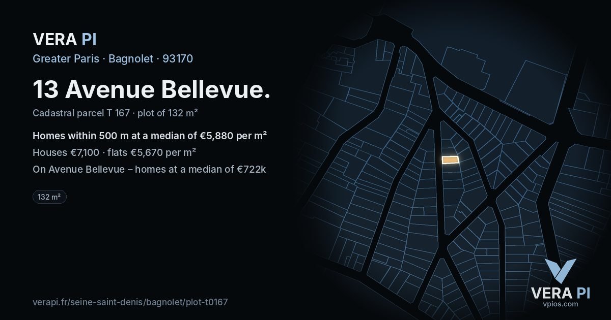 13 Avenue Bellevue, Bagnolet at night – the plot lit, the parcels around coloured by the prices near them