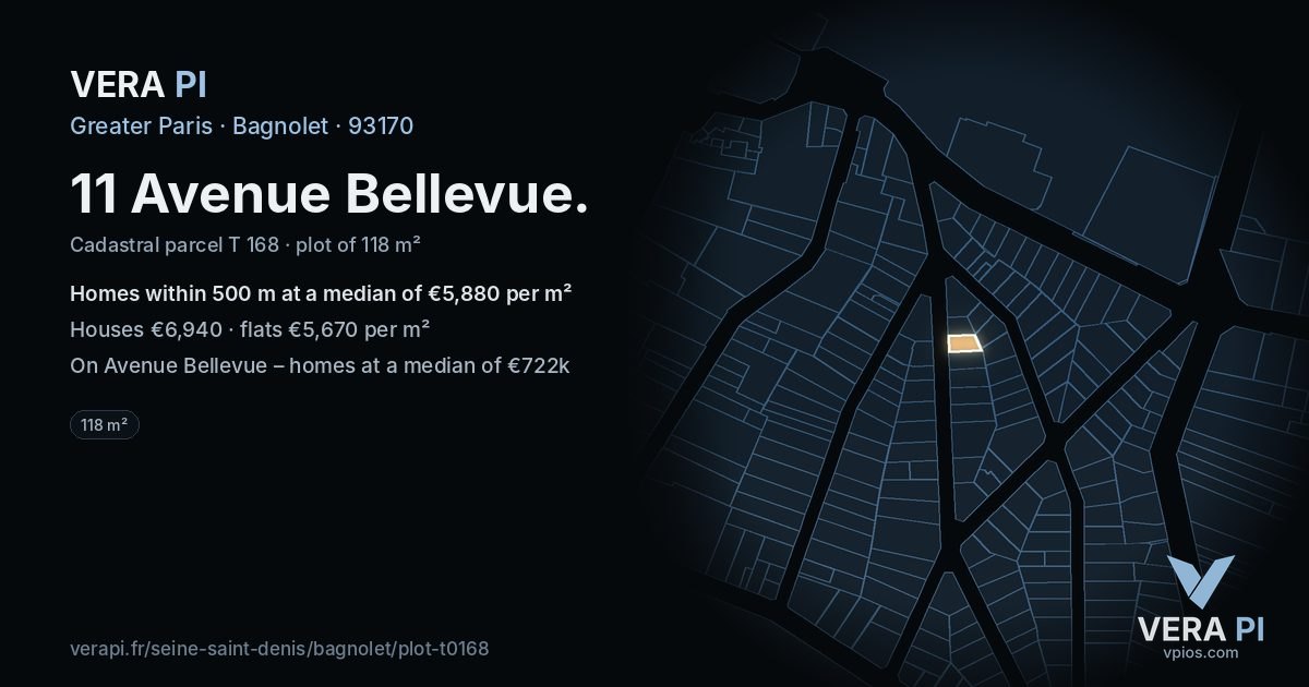 11 Avenue Bellevue, Bagnolet at night – the plot lit, the parcels around coloured by the prices near them