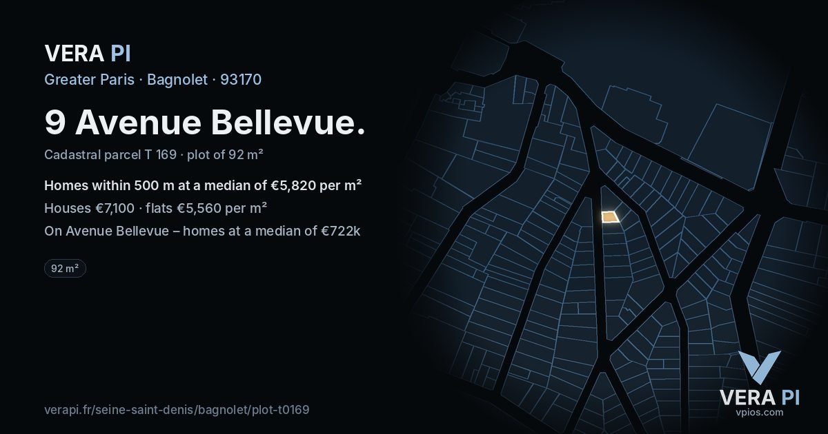 9 Avenue Bellevue, Bagnolet at night – the plot lit, the parcels around coloured by the prices near them