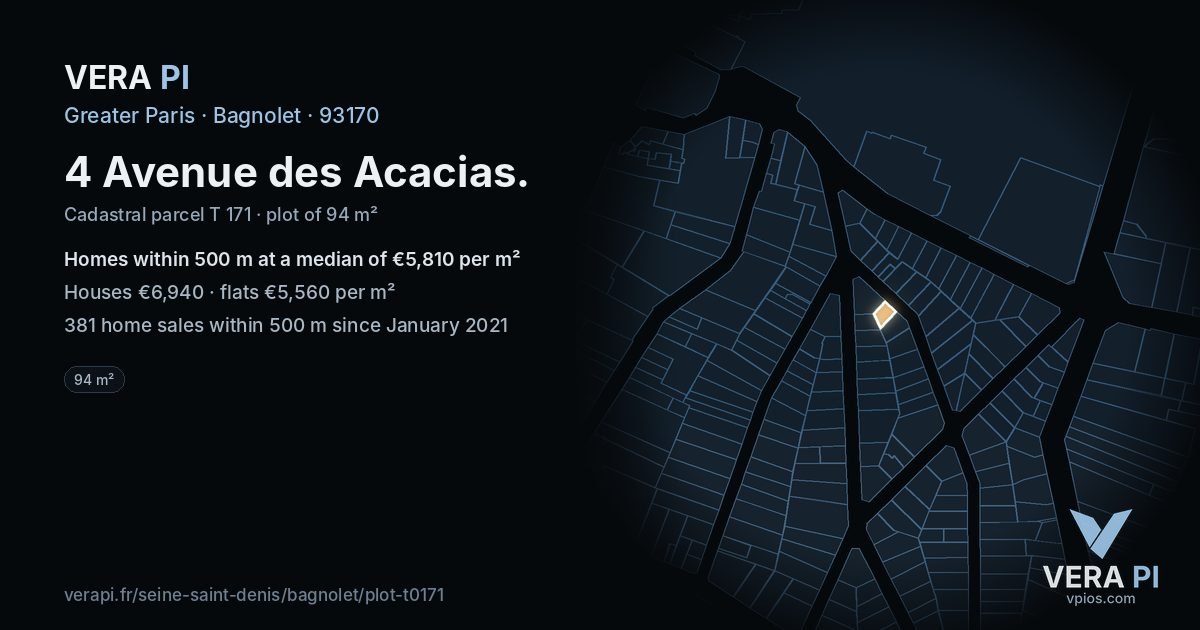 4 Avenue des Acacias, Bagnolet at night – the plot lit, the parcels around coloured by the prices near them
