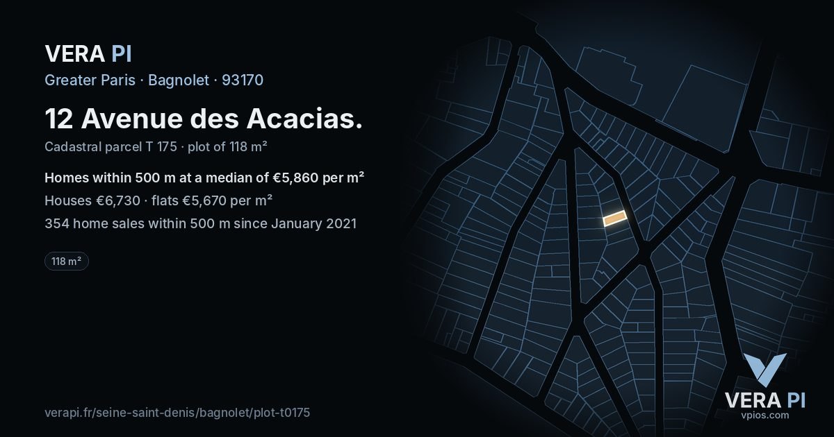 12 Avenue des Acacias, Bagnolet at night – the plot lit, the parcels around coloured by the prices near them