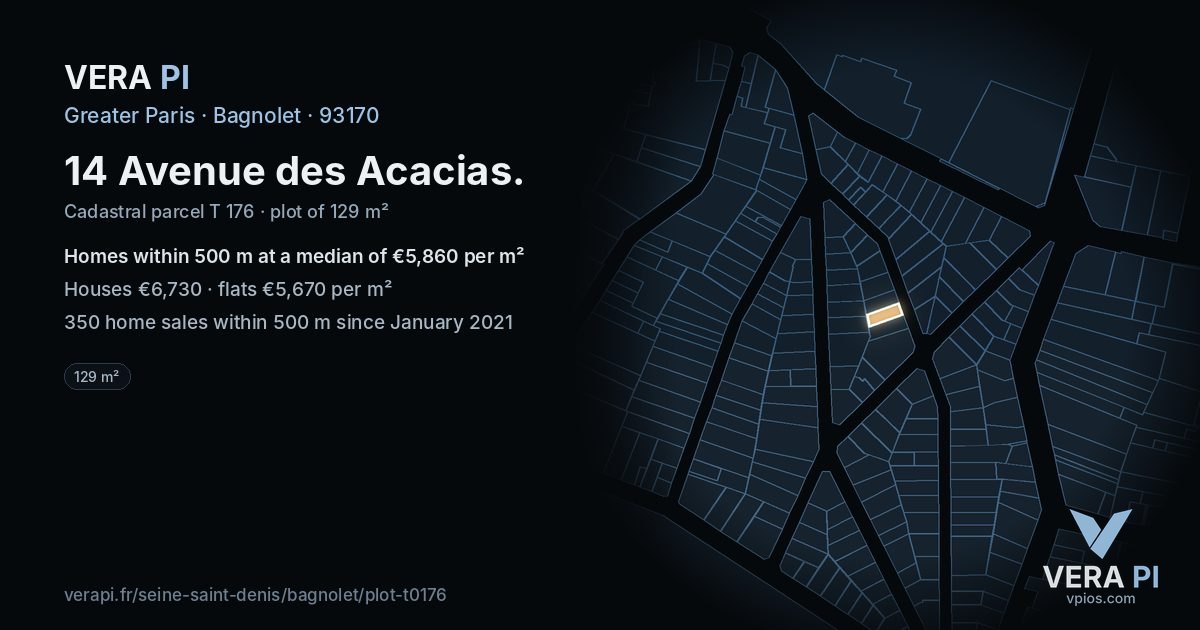 14 Avenue des Acacias, Bagnolet at night – the plot lit, the parcels around coloured by the prices near them