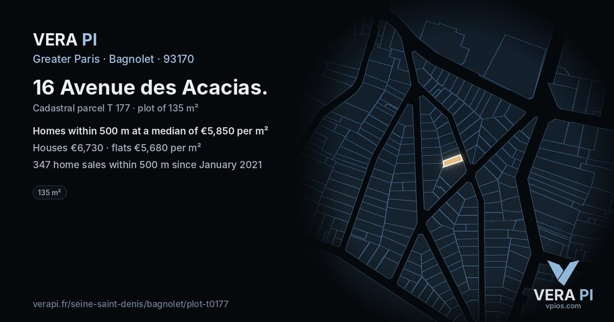 16 Avenue des Acacias, Bagnolet at night – the plot lit, the parcels around coloured by the prices near them