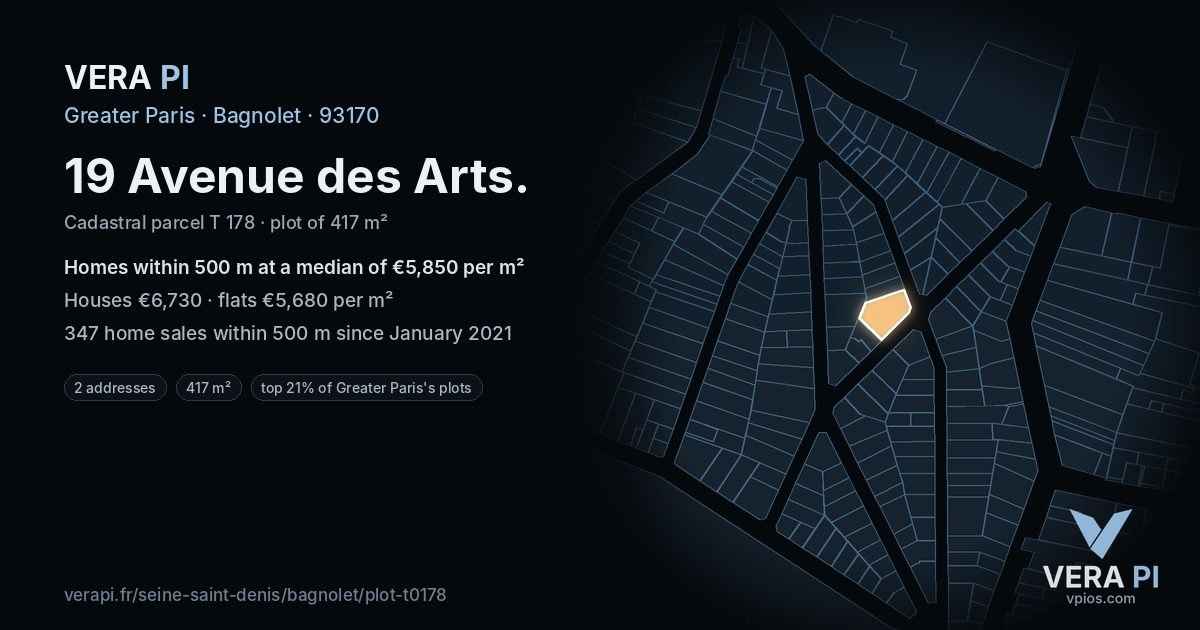 19 Avenue des Arts, Bagnolet at night – the plot lit, the parcels around coloured by the prices near them