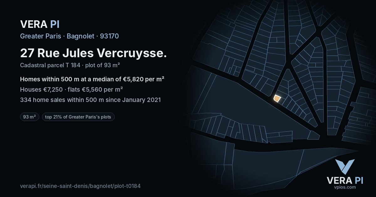 27 Rue Jules Vercruysse, Bagnolet at night – the plot lit, the parcels around coloured by the prices near them