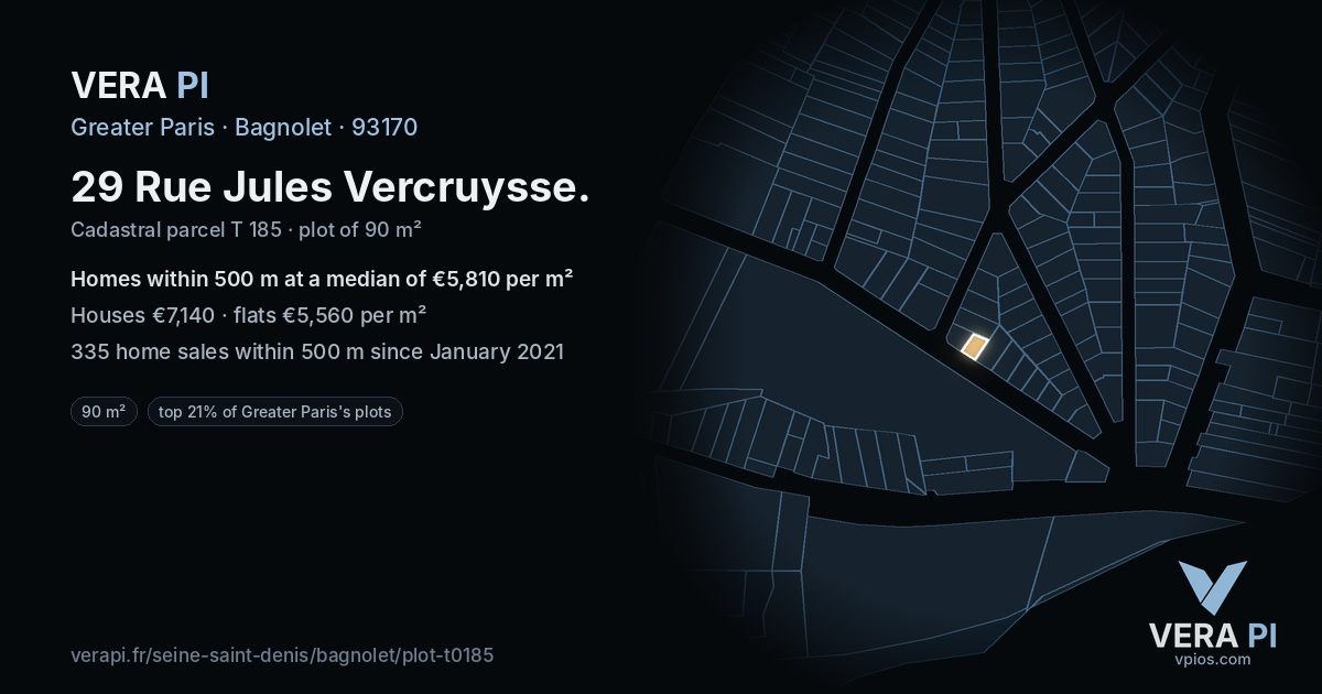 29 Rue Jules Vercruysse, Bagnolet at night – the plot lit, the parcels around coloured by the prices near them